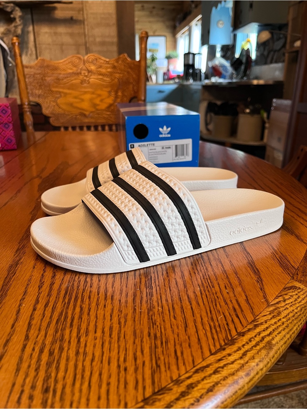 ADIDAS ADILETTE White Slide Sandals with Black Stripes